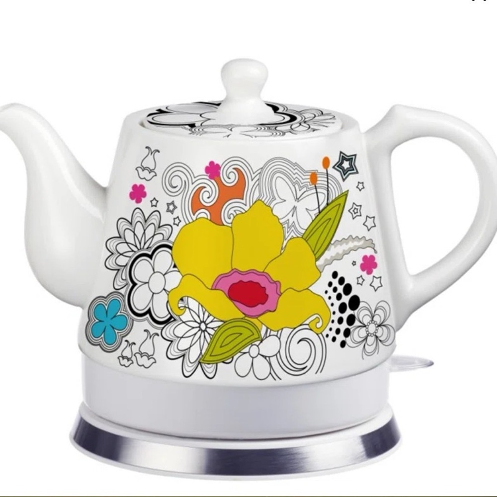 Floral Ceramic Electric Kettle - White with Multicolor Design New!